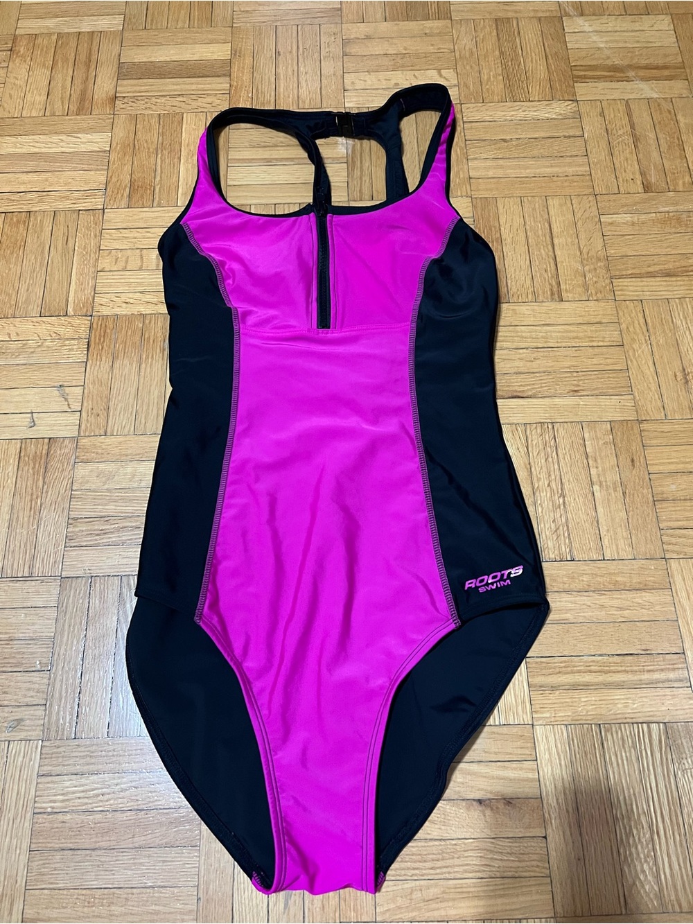 Roots Hot Pink and Black Performance One-Piece Swimsuit with Front Zip